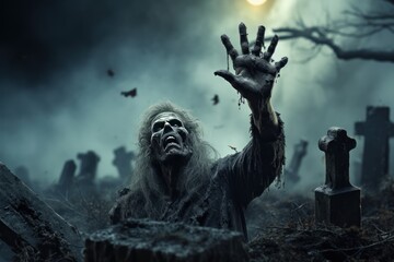Fototapeta premium Zombie hand rising from the grave in the cemetery. Zombie hand reaching for the moon in the cemetery. Scary spooky halloween background. Zombie. Halloween. Halloween Concept with copy space. 