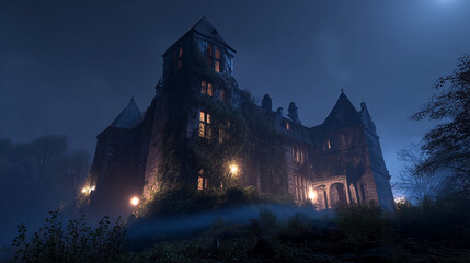 An old, haunted castle under dramatic lighting. Mysterious and eerie atmosphere with gothic architecture, perfect for horror, Halloween, or fantasy themes.