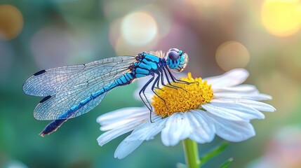 Vibrant blue dragonfly rests delicately on a white daisy flower. Soft, out-of-focus background of greenery and sunlight highlights the insect and bloom