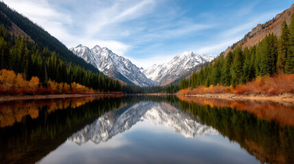  serene lake reflects snow-capped mountains and surrounding autumn-colored trees under a partly cloudy blue sky.