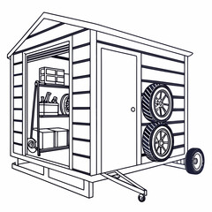 Portable shed with tires and storage shelves garage