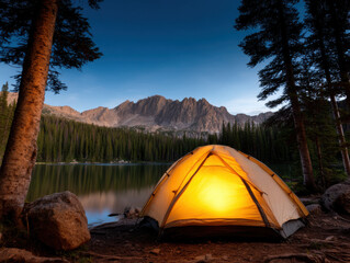  glowing tent is pitched by a calm lake surrounded by pine trees, with rugged mountains in the background under a clear twilight sky.