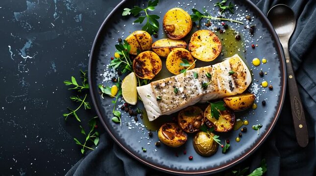 Lemon and rosemary cod loin with baked potatoes and vegetables. Baked white fish. Fried haddock and potato medallions on dark grey background. Foodie banner with copy space.