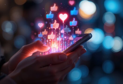 Social media engagement with glowing icons on smartphone held by person