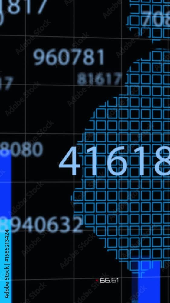 Poster animation of changing numbers, graphs, map on grid pattern over black background