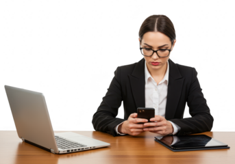 A focused businesswoman wearing glasses uses her smartphone while sitting at a desk with a laptop and tablet isolated on transparent background