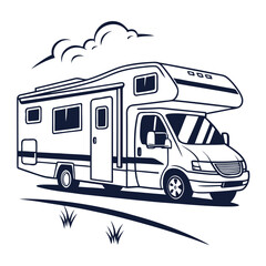 Recreational vehicle with clouds and grass camper motorhome