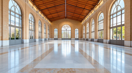 Fototapeta premium Historic train station architecture with large windows and wooden ceiling creates spacious