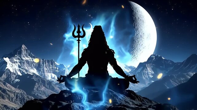 Mystical animation of silhouette of Lord Shiva sitting in meditation pose on Mount Kailash under shining crescent moon, bright blue aura and gently floating golden particles
