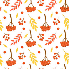 Seamless vector pattern with rowan berries and autumn leaves. Perfect for seasonal designs, wrapping paper, wallpapers, and fall-themed projects.