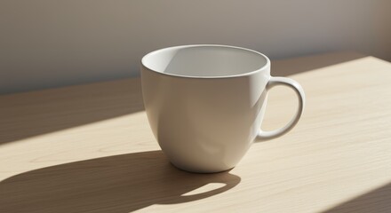 Empty White Mug on Wooden Table in Sunlight