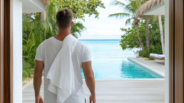 Relaxing man in white shirt with towel steps out of villa to enjoy serene ocean view