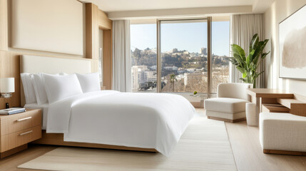 Modern luxury suite with elegant furnishings and stunning view. serene atmosphere invites