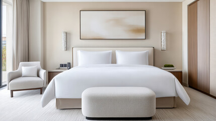 Luxurious modern bedroom with king size bed, soft lighting, and elegant decor