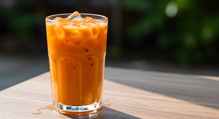 Refreshing Iced Thai Tea in a Glass on a Sunny Day