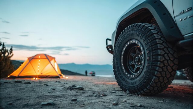 Off road adventure camping with illuminated tent and rugged vehicle tire at dusk - Powered by Adobe