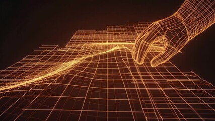 3D wireframe hand interacting with glowing graph lines on black background - Powered by Adobe