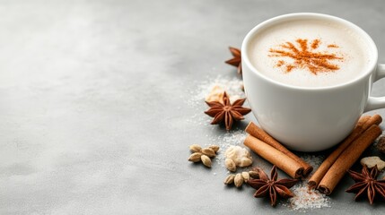 A cozy cup of spiced coffee sits on a textured surface, surrounded by aromatic spices and sweet ingredients, Ideal for blogs, recipes, or promotions related to coffee and warm beverages,