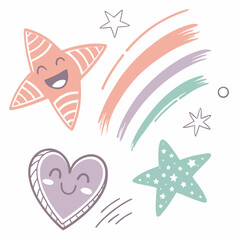 Playful pastel stars and heart with rainbow streaks vector