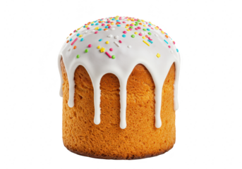 A delicious easter cake with white icing and colorful sprinkles, isolated on transparent background