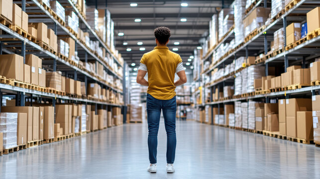 Efficient warehouse management with technician observing inventory organization