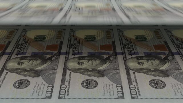 High-resolution scene of US dollar banknotes being printed. Ideal for topics on inflation, economy, wealth creation, currency supply, and the Federal Reserve system. Looped video