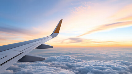Obraz premium Aerial view of airplane wing above clouds during sunset, creating serene atmosphere