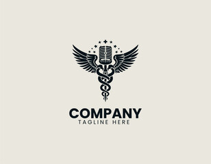 Professional Microphone Caduceus Healing Sound Communication Vector Logo Design