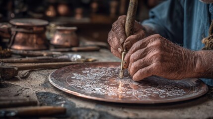 Close-up of an elderly coppersmith's weathered hands carefully engraving an intricate floral motif onto a polished copper plate using a diamond-tipped stylus