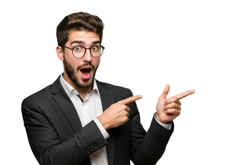 A surprised businessman in glasses points to the side with an open mouth, isolated on a transparent background