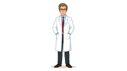 Vector illustration of a confident senior male professor wearing a white lab coat and glasses, standing with hands in pockets, representing professionalism, intelligence, and academic expertise.
