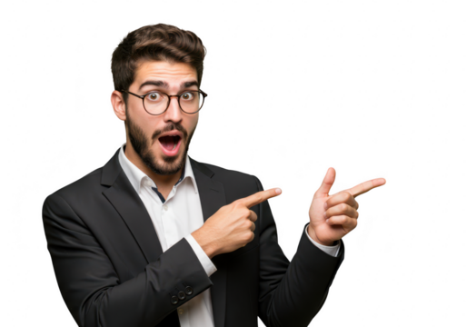 A surprised businessman in glasses points to the side with an open mouth, isolated on a transparent background