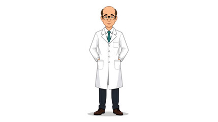 Vector illustration of a confident senior male professor wearing a white lab coat and glasses, standing with hands in pockets, representing professionalism, intelligence, and academic expertise.