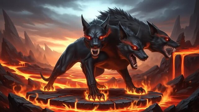Epic Cerberus Guardian of the Underworld with Fiery Eyes in a Volcanic Landscape