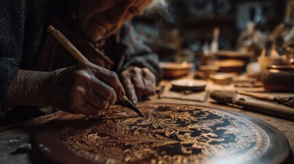 Close-up of an elderly coppersmith's weathered hands carefully engraving an intricate floral motif onto a polished copper plate using a diamond-tipped stylus. 