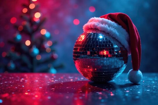 Disco ball wears Santa hat, festive Christmas rave, party, christmas