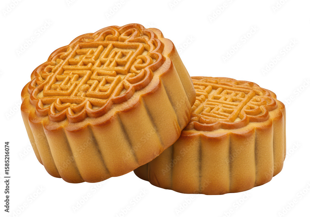 Poster two intricately patterned mooncakes with golden brown crusts are displayed, isolated on a transparen