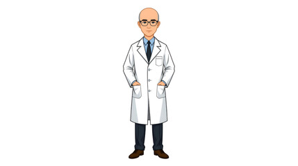 Vector illustration of a confident senior male professor wearing a white lab coat and glasses, standing with hands in pockets, representing professionalism, intelligence, and academic expertise.