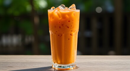 Refreshing Iced Thai Tea in a Tall Glass on Wooden Table Outdoors