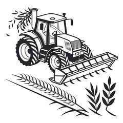 Tractor harvesting grain with wheat stalks harvester