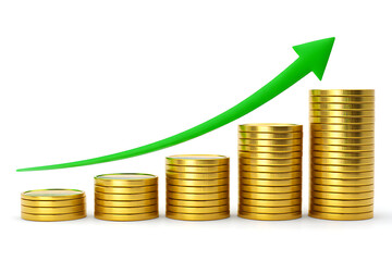 Stacks of Gold Coins with Green Arrow Showing Growth and Profit