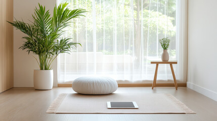 Cozy home workout corner with plants, yoga mat, and tablet for relaxation