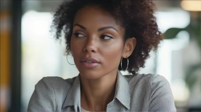 Young, ethnically diverse professional woman in an office, looking up with a contemplative expression. Business attire and modern style.