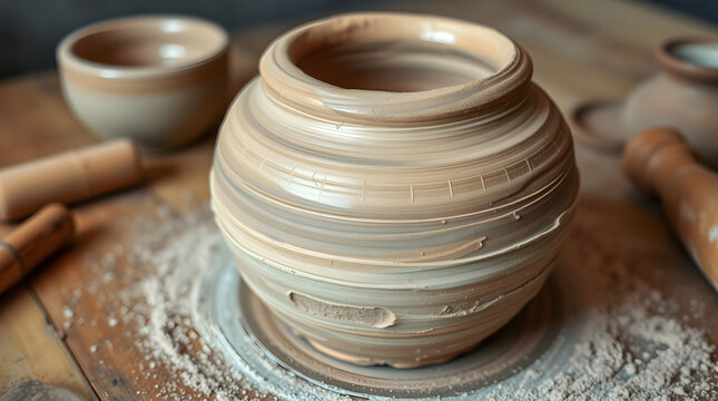 Clay pot rotating on potter's wheel surrounded by tools and materials