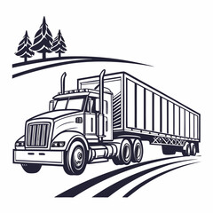 Truck and trailer on a road with trees semi truck freight