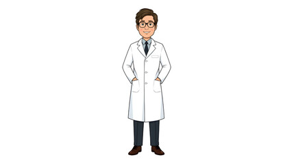 Vector illustration of a confident senior male professor wearing a white lab coat and glasses, standing with hands in pockets, representing professionalism, intelligence, and academic expertise.