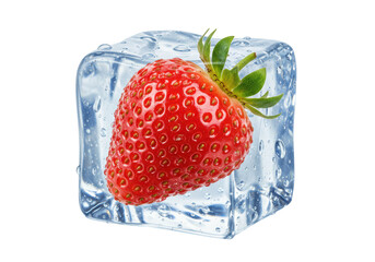 Isolated Ripe Red Strawberry Frozen in Crystal Ice Cube