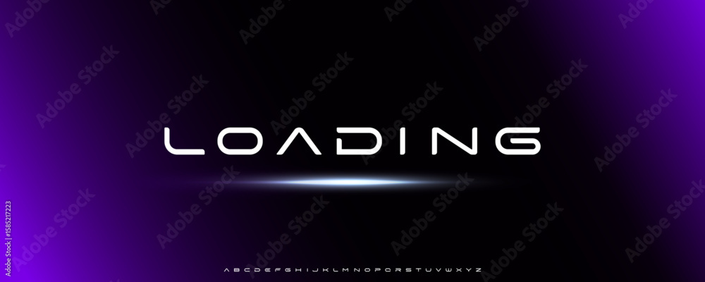 Poster futuristic loading screen typography with neon glow and purple light effects, ideal for space apps, 