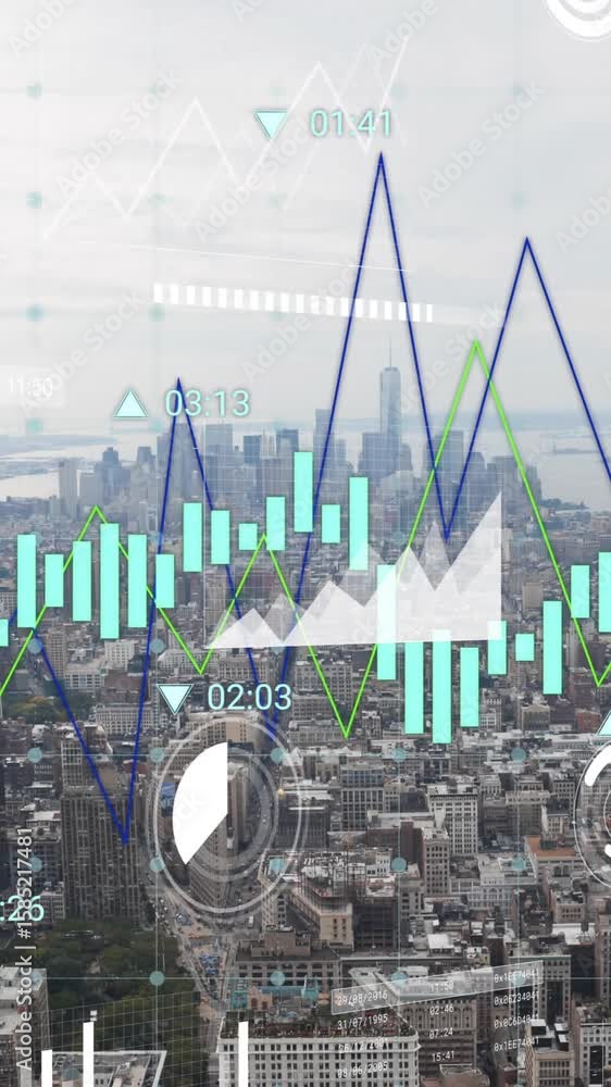 Aufkleber animation of charts and graphs processing data over cityscape