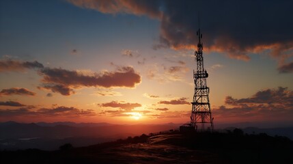 Dramatic sunset landscape featuring silhouette of communication tower against colorful sky with mountain range in the background.